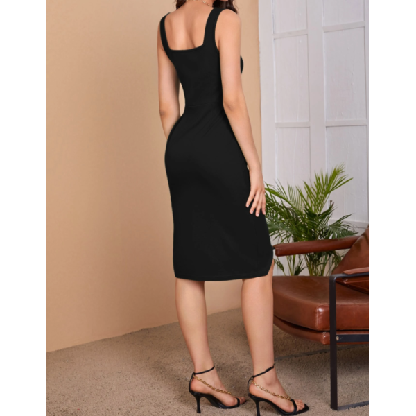 Women's Black Square Neck Bodycon Dress with Slit  + Gift | K-blend.site